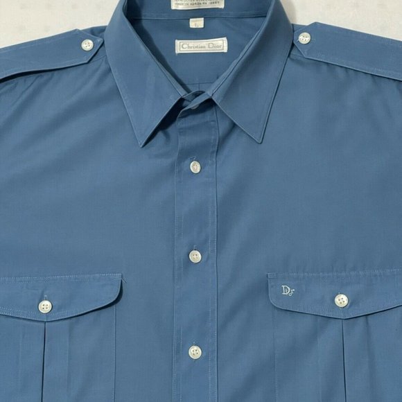 Mens Christian Dior Blue Monogramed Button Down Dress Shirt Large - Picture 9 of 11